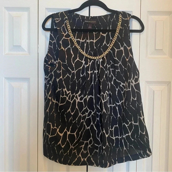 Dana Buchman Women’s Sleeveless Chain Neck Blouse Blk/Beige Silky Feel Large EUC - Picture 2 of 10